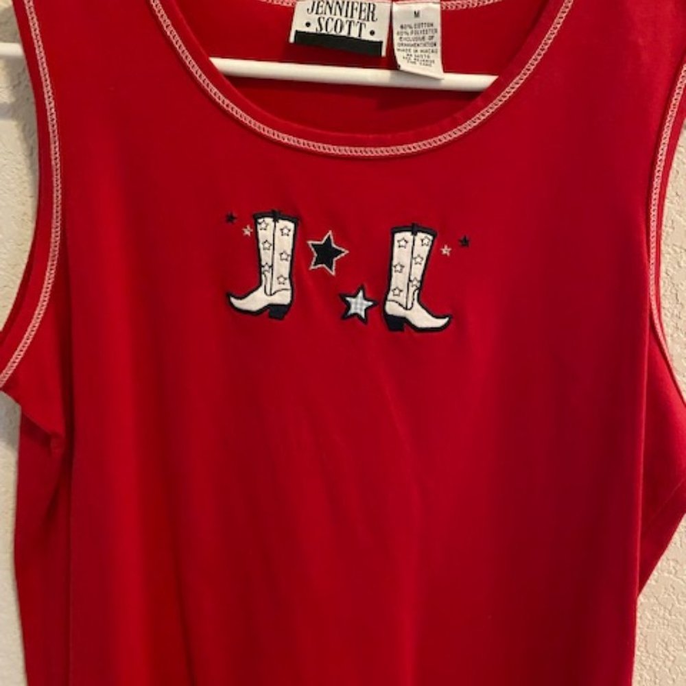 JENNIFER SCOTT * Patriotic COWGIRL Western AMERICANA Red White Blue TANK * M